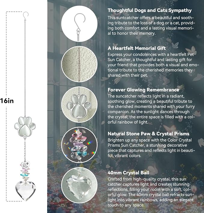 Dog Memorial Gifts, Pet Memorial Suncatcher, Loss of Dog Sympathy Gift | Thoughtful Dogs and Cats Bereavement Remembrance Gifts, Natural Cat's Eye Stone Paw Crystal Suncatcher