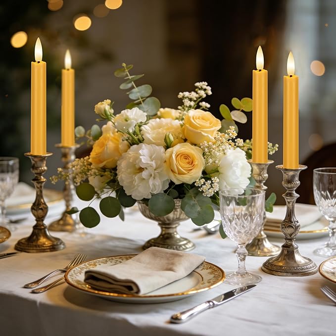 Yellow Flameless Taper Candles with Remote, 6.4" Battery Operated LED Candles, Flickering Flameless Candlesticks for Table Centerpieces, Wedding, Farmhouse, Dinner Decor, Set of 6