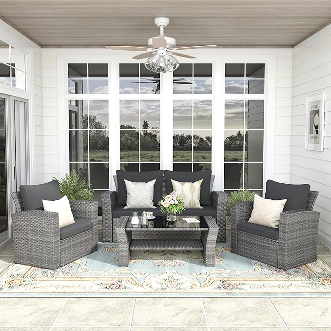 4-Piece Outdoor Patio Furniture Set, All Weather Wicker Rattan Sectional Sofa Conversation Seating Set with Cushions & Large Glass Coffee Table, Ideal for Garden Backyard Porch, Dark Grey