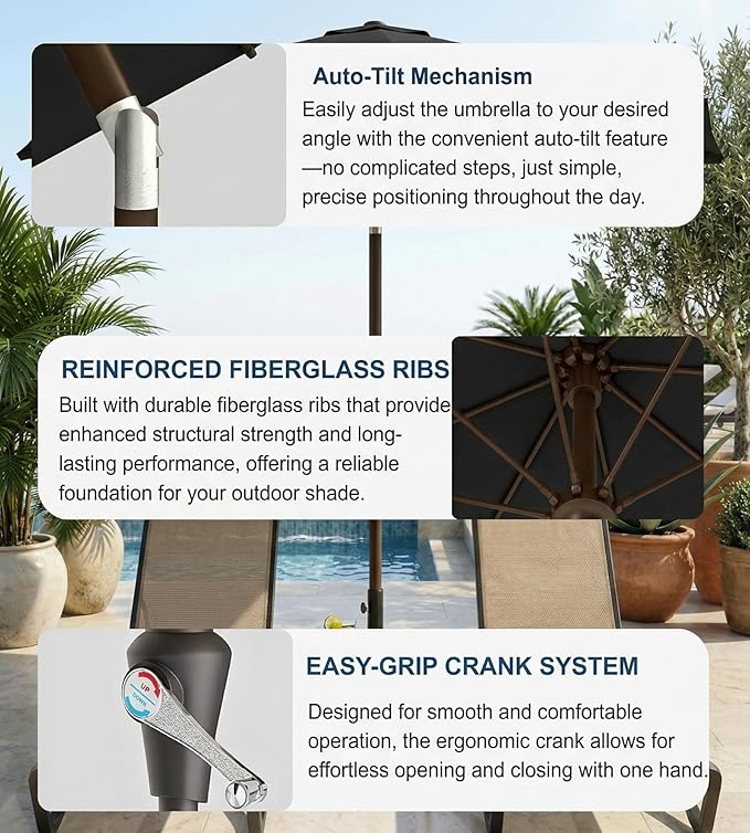 PatioKingdom Auto-Tilt 9FT Patio Umbrella Outdoor with 8 Sturdy Fiberglass Ribs,Market Table Umbrella for Pool,Backyard,Deck and Garden