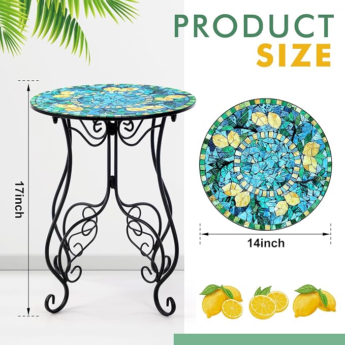 Geelin 14 Inch Lemon Small Outdoor Patio Side Table Lemon Round Mosaic Side Table Accent Indoor End Plant Metal Coffee Tea Furniture for Yard Porch Garden Living Room Bedroom