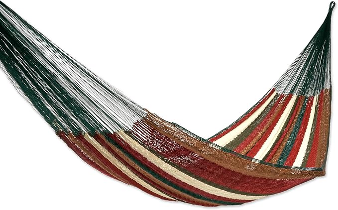 NOVICA Artisan Handmade Hammock Striped Rope Double Earthtone Green Nylon Mexico Mayan Hacienda [Bed Size 78in L x 78in W Total Length 158in L] ' Mother Earth' Double