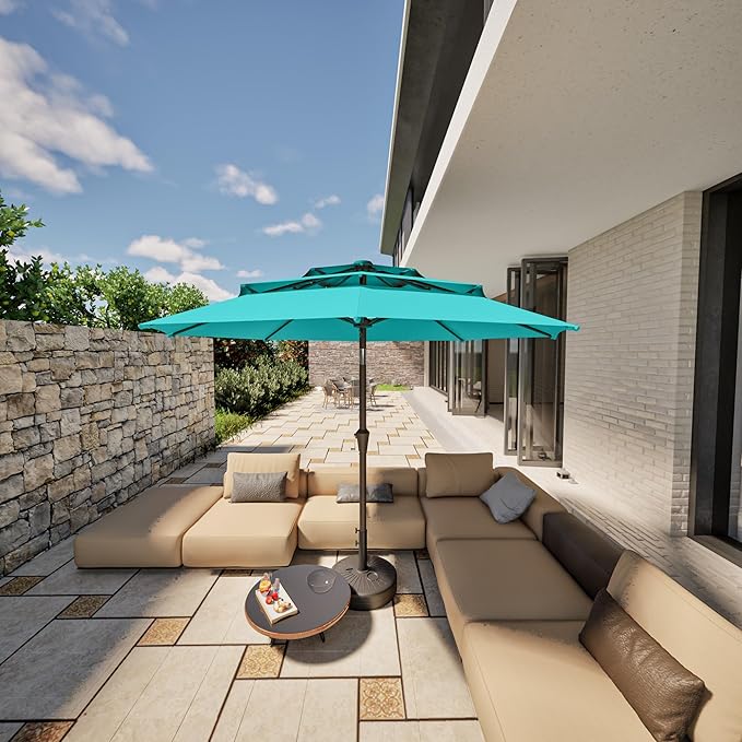 PatioKingdom 9ft 3-Tier Patio Market Umbrella with Crank/Tilt, Commercial Heavy Duty Wind Proof,Outdoor Table Umbrella with 8 Fiberglass Ribs,UPF50+ for Deck,Pool,Garden,Backyard (Peacock Blue)