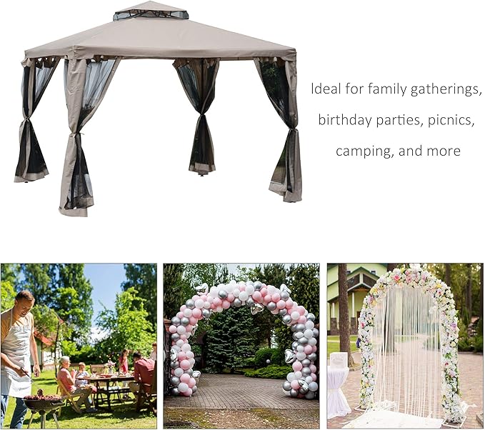 Outsunny 9.6' x 9.6' Patio Gazebo, Outdoor Canopy Shelter with 2-Tier Roof and Netting, Steel Frame for Garden, Lawn, Backyard, and Deck, Taupe