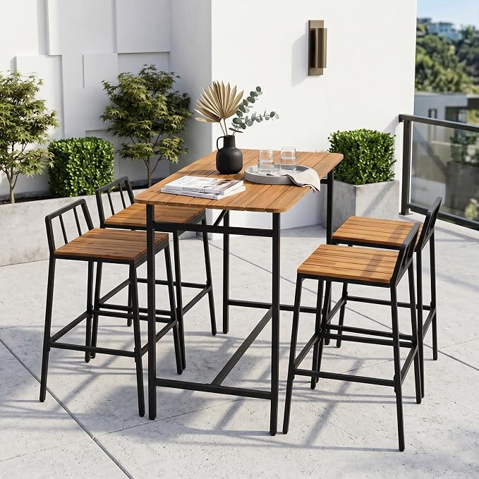 5-Piece Acacia Wood Patio Dining Set, Outdoor Garden Table & 4 Chairs With Rustic Brown Finish, Heavy Duty Iron Frame Furniture for Backyard Deck Porch, Garden Table & Chairs, Outdoor Dining Furniture