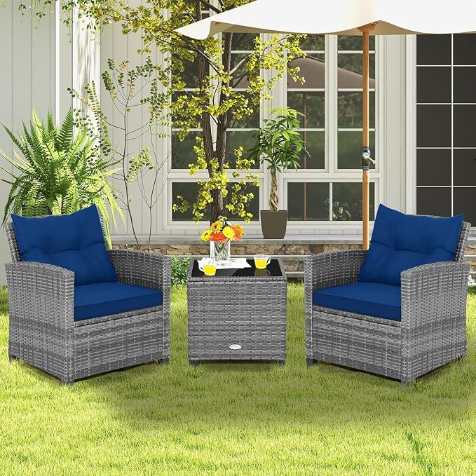 LDAILY Patio Furniture Set, 3 Pieces PE Rattan Wicker Patio Sofa Chairs with Washable Cushion & Glass Table, Outdoor Furniture Conversation Sets for Porch, Balcony, Garden, Poolside (Navy)