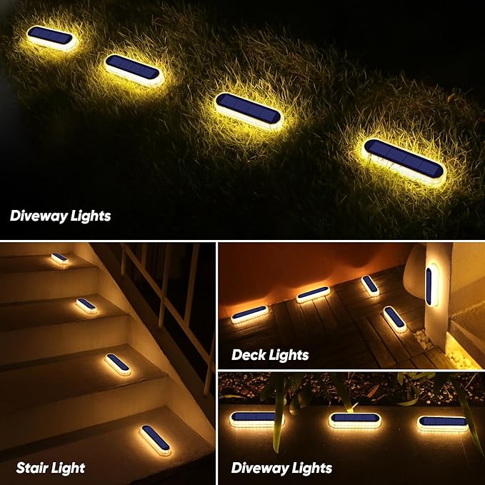 YiLaie Solar Stair Lights Outdoor Waterproof, Stick on Solar Strip Lights Auto ON/Off, Small Step for Outside Dock Driveway Mailbox Deck Solar Powered Warm White (6 Pack)