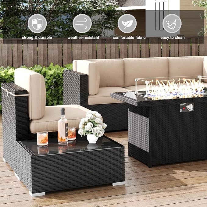 LayinSun 15 Pieces Patio Furniture Set with Fire Pit Table, Black Rattan Modular Sectional Patio Conversation Sofa Set