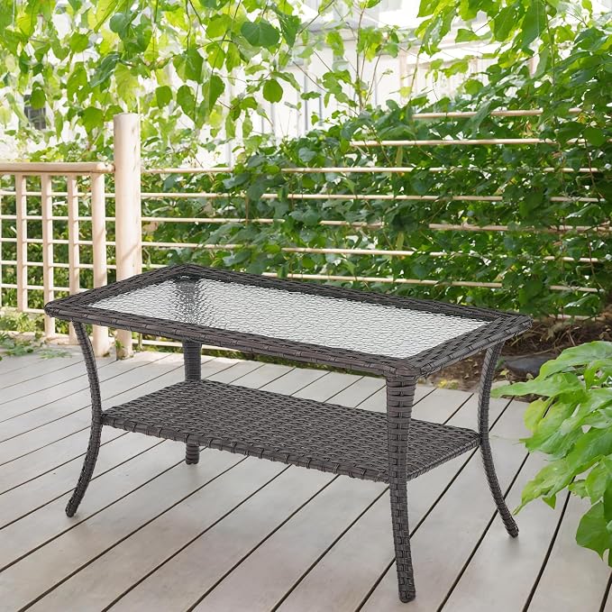 Patio Coffee Table Wicker Table Outdoor PE Rattan Glass Top Table with Storage Shelf Rectangle Patio Outdoor Coffee Table for Patio Garden Balcony Porch Deck Poolside, Brown