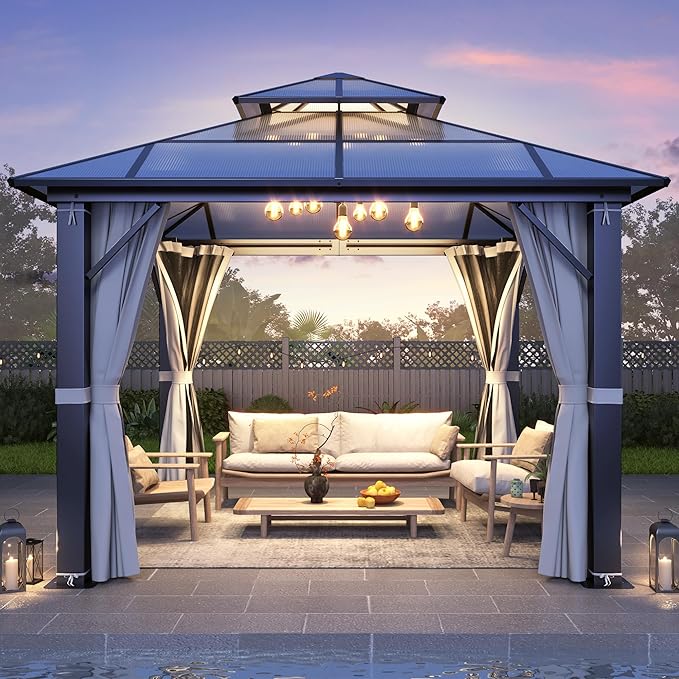 GARTOO 10x10FT Polycarbonate Hardtop Gazebo with Double Roof - Heavy-Duty Steel Frame Gazebo with Breathable Netting & Privacy Curtain for Patio, Porch, Garden, Lawn, Deck, Backyard