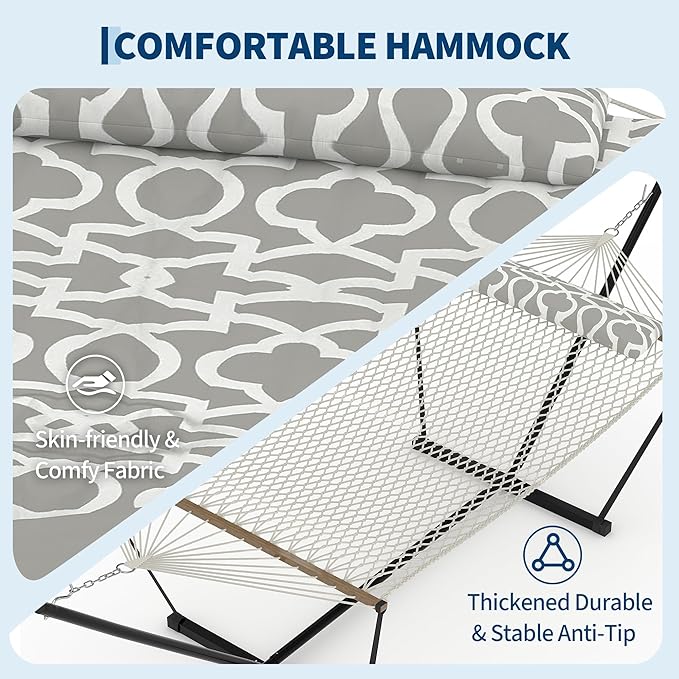 Heavy Duty 2 Person Double Hammock with Portable Adjustable Steel Stand, Outdoor Hammock with Pillow for Patio, Garden, Beach, Backyard Camping