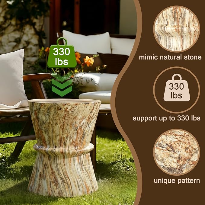Merax Hourglass Shape Outdoor Side Table, Concrete Contemporary Lightweight Accent Table with Simulated Stone Texture, Outdoor Accent End Table for Livingroom, Garden, Amber+Brown