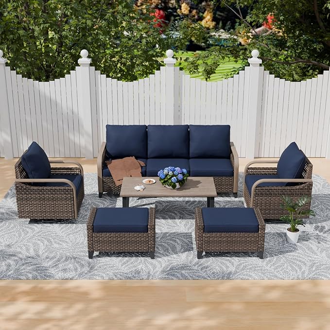 COOS BAY Modern Wicker Outdoor Furniture Set, 6 Piece Patio Conversation Set with 2 Swivel Rockers, a 3 Seat Couch, 2 Ottomans and Coffee Table, 6 Piece, Brown/Blue