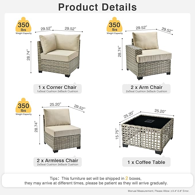 WEAXTY 6 Pieces Patio Furniture Set, Outdoor Sectional Sofa Couch with Solar Coffee Table, All-Weather Outside Furniture Patio Conversation Sets for Backyard Porch Balcony (Beige)