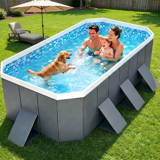 Foldable Swimming Pool, Rectangular Above Ground Swimming Pool for Outdoor Family Square Pool with Drain Plug and Drain Hole, Easy to Assemble Pool for Backyard Dog Pools (116" L x 65" W)