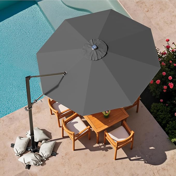 Devoko 10ft Solar LED Patio Umbrella, Round Cantilever Outdoor Umbrella with Solar Lights and 360-Degree Rotation, Large Hanging Offset Market Umbrella with Easy Tilt for Patio Deck Garden,Gray