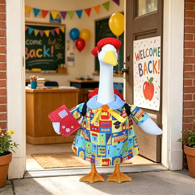 Back to School Porch Goose Outfit with Schoolbag for 23" Porch Goose Statue | Porch Goose Back to School Outfit with Notebook, Classroom Goose for First Day of School, Outdoor, Garden, Yard, Patio Decor
