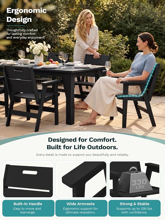 SERWALL HDPE Outdoor Dining Set for 8, 9 Pieces All-Weather Patio Furniture Set with Rectangular Dining Table and 8 Chairs, Water & Fade Resistant Outdoor Dining Set for Backyard, Deck, Balcony, Black