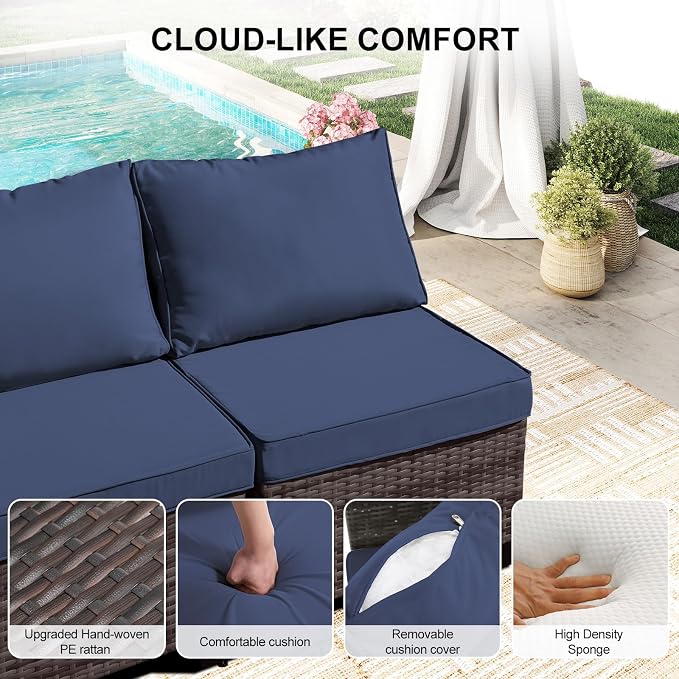 CANMOV 7 Pieces Patio Furniture Sets, All Weather Outdoor Patio Conversation Set, PE Wicker Rattan Sectional Sofa Couch Glass Coffee Table Washable Cushions for Backyard Garden, Porch, Navy Blue