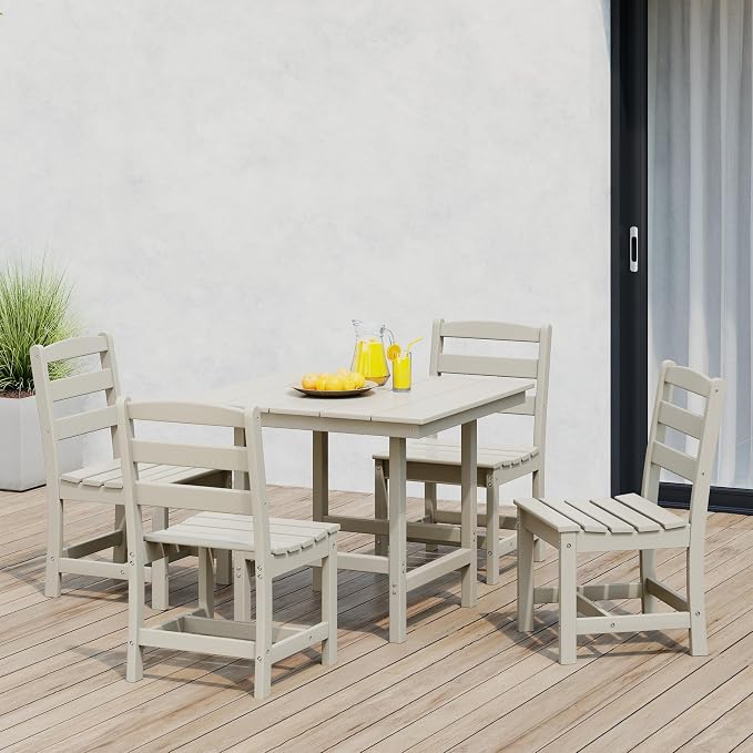 Costaelm Palms 5-Piece HDPE Outdoor Square Patio Dining Table Set with Armless Side Chairs, Sand