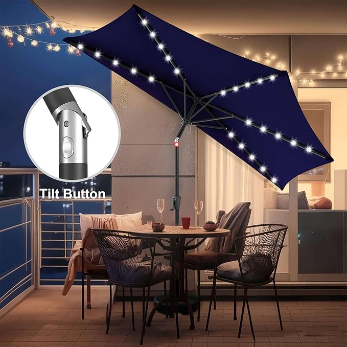 9ft Solar Half Umbrellas Outdoor - LED Half Patio Umbrella with 25 Lights, UV Protection Waterproof, Half Round Umbrella for Wall Balcony, Pool, Porch, Garden, Deck, Backyard, Navy Blue