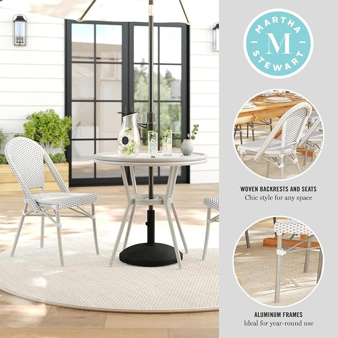 Martha Stewart Lily Pond 31” Round Indoor-Outdoor Bistro Dining Table with Aluminum Frame in Gray Woodgrain and Rattan Top in White/Gray with Tempered Glass Top