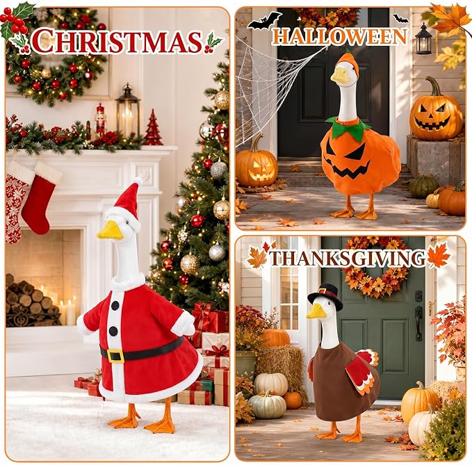 8 Set Holiday Porch Goose Outfits 23 inch All Seasons Goose Clothes for Valentine St. Patrick Easter Summer 4th of July Fall Halloween Christmas, Lawn Porch Gooses Clothing for Patio Yard Decor