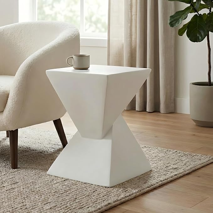 Merax Modern Concrete Side Table with Hourglass Design - Hand-Painted Wood Finish Accenttable for Indoor/Outdoor, White