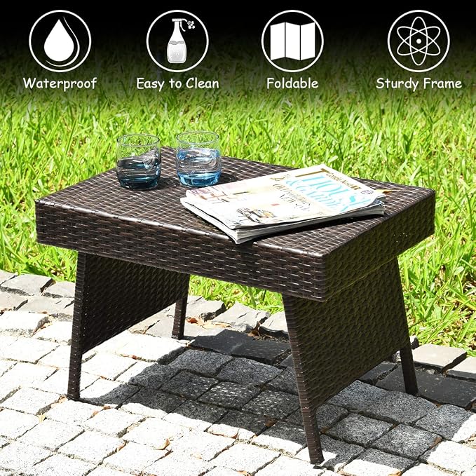 Outdoor Side Table for Patio, Folding PE Rattan End Table with Metal Frame, Portable Wicker Coffee Table for Garden Porch Balcony Deck Poolside (Brown)