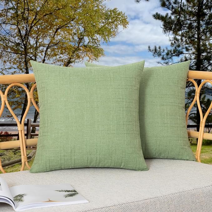 Kevin Textile Outdoor Waterproof 22”x22” Pillow Covers 2 Pack, Sage Green | Water Resistant, Soft Faux Linen-cotton Yarn-dyed Woven Texture Throw Pillow Covers for Tent Patio Garden Couch Sofa