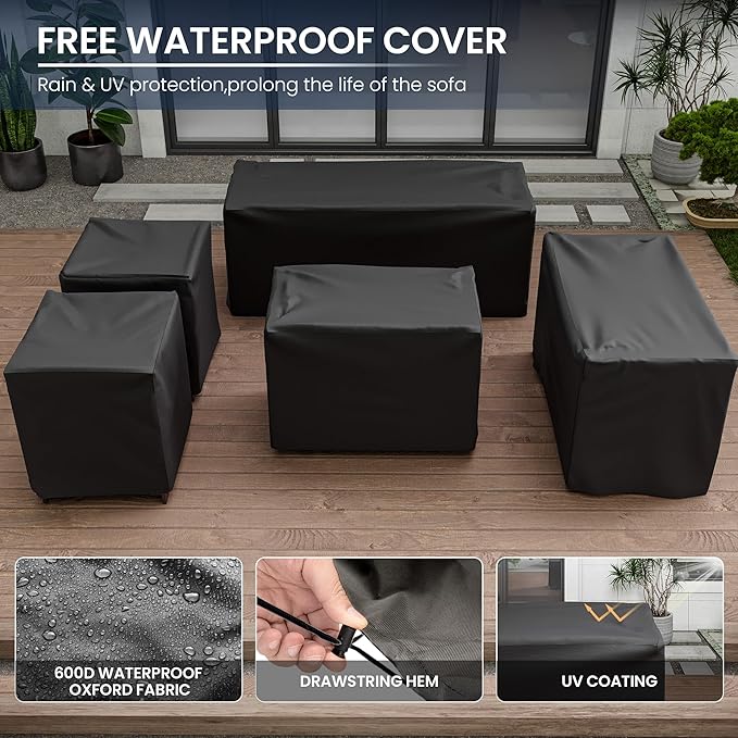Amopatio Patio Furniture with Fire Pit, 8 Pcs Aluminum Outdoor Metal Patio Sofa Set with Aluminum Fire Pit Table,White&Blue(Included Waterproof Covers)