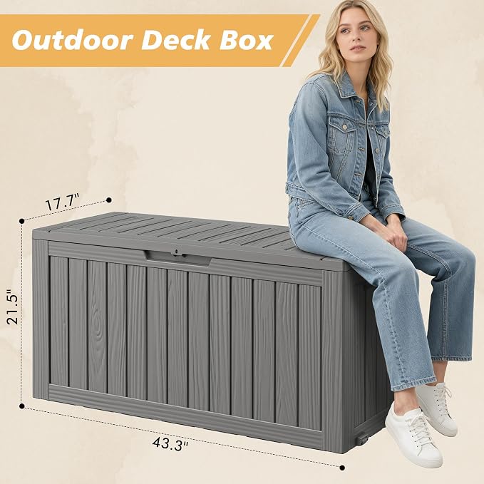 Fancyango 90 Gallon Outdoor Deck Box Waterproof, Large Storage Box for Patio, Resin Storage Bench Lockable for Garden Tools, Package Delivery, Grey