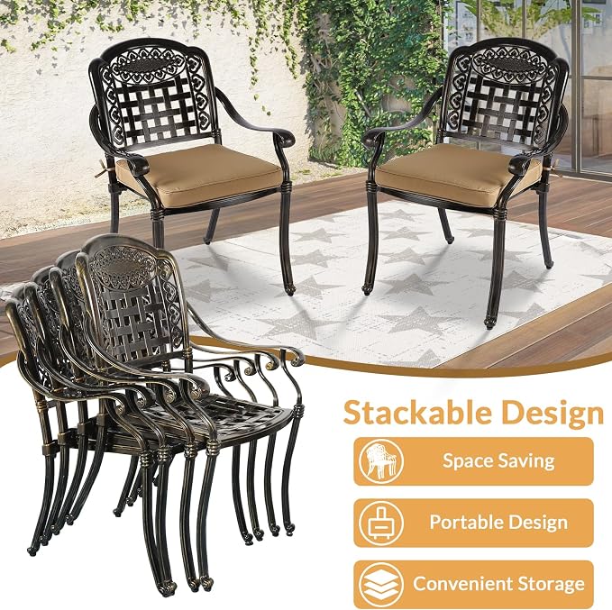 9 Piece Outdoor Patio Dining Set for 8, Cast Aluminium Large Square Dining Table & 8 Cushioned Stackable Chairs, Umbrella Hole, Patio Furniture Set for Garden Porch Poolside, Khaki