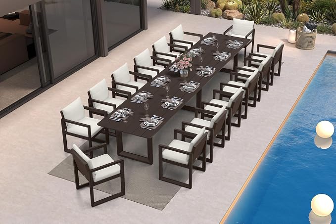 PURPLE LEAF Outdoor Dining Set for 14 Aluminum Extra Long Patio Furniture Table and Chairs Set with All Weather Thick Cushion Rectangular Patio Dining Sets for Huge Backyard Garden Poolside, Bronze
