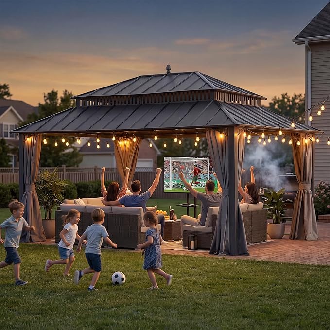 SUNJOY Kingston 16' x 12' Hardtop Gazebo with Galvanized Steel Double Roof, Curtain and Netting, Gray Aluminum Posts Permanent Pavilion Gazebo for Garden, Patio, Deck, Lawn