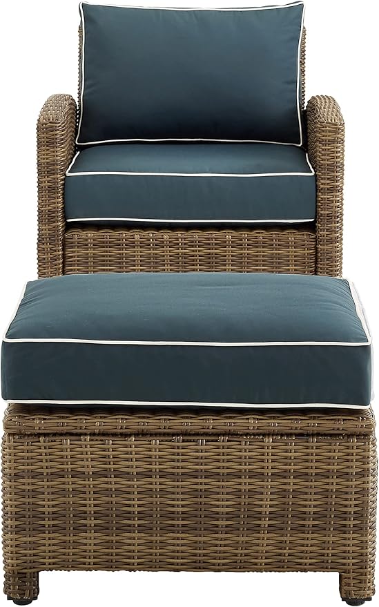 Crosley Furniture Bradenton 2-Piece Outdoor Chair and Ottoman Set, Wicker Patio Conversation Sets for Porch, Brown with Navy Cushions