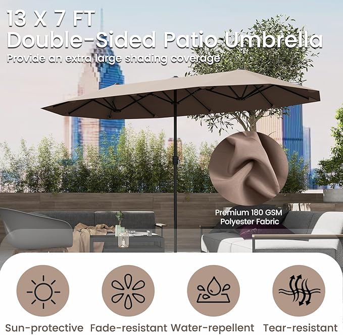 Tangkula 13 FT Large Patio Umbrella, Outdoor Double-Sided Table Market Umbrella w/Crank Handle, 12 Heavy-Duty Ribs, Sun-Protective Rectangular Twin Parasol for Garden Deck Lawn Poolside (Tan)