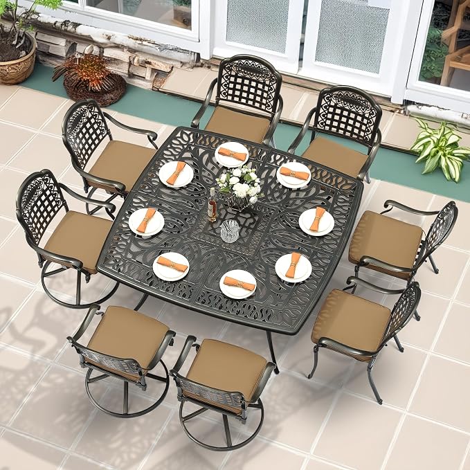 MEETWARM 9-Piece Outdoor Patio Dining Set for 8, All Weather Cast Aluminum Patio Funiture Table and Chairs Set- Large 64" Square Table and 4 Swivel Rocker Chairs, 4 Stationary for Garden, Khaki