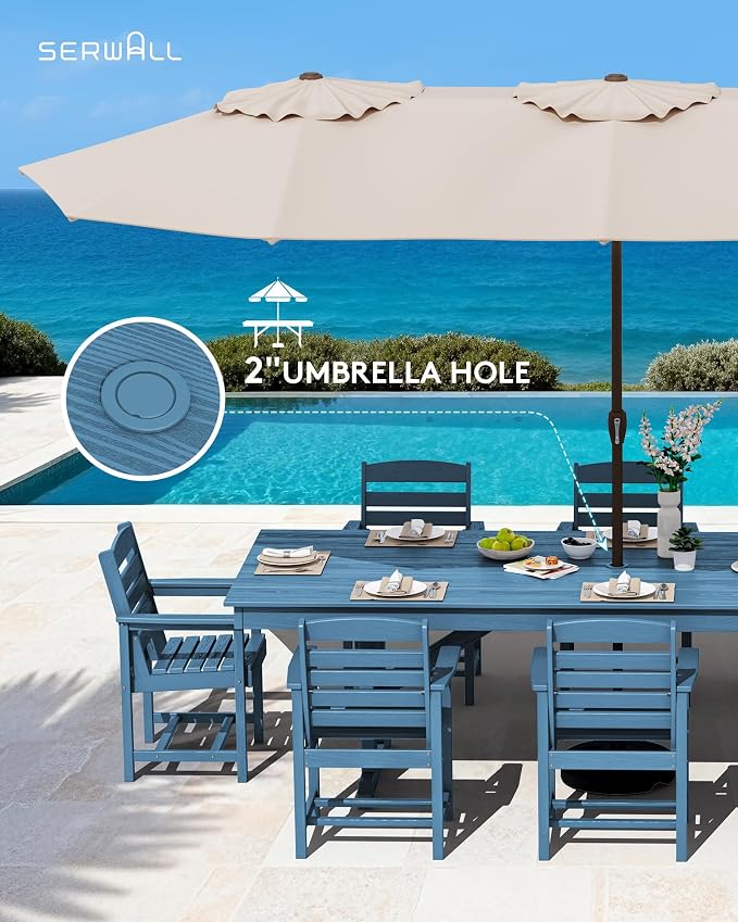 SERWALL 10 Piece Outdoor Dining Set with 15ft Triple-Head Foldable Umbrella(Based not Included), 84" HDPE Outdoor Table and Chairs for 8, Blue