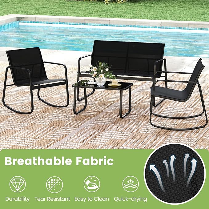 Tangkula 8 Piece Patio Furniture Set, Outdoor Rocking Bistro Set with 4 Rocking Chairs, 2 Loveseats & 2 Tempered Glass Coffee Tables, Porch Rocker Chair Conversation Set for Balcony Poolside Garden