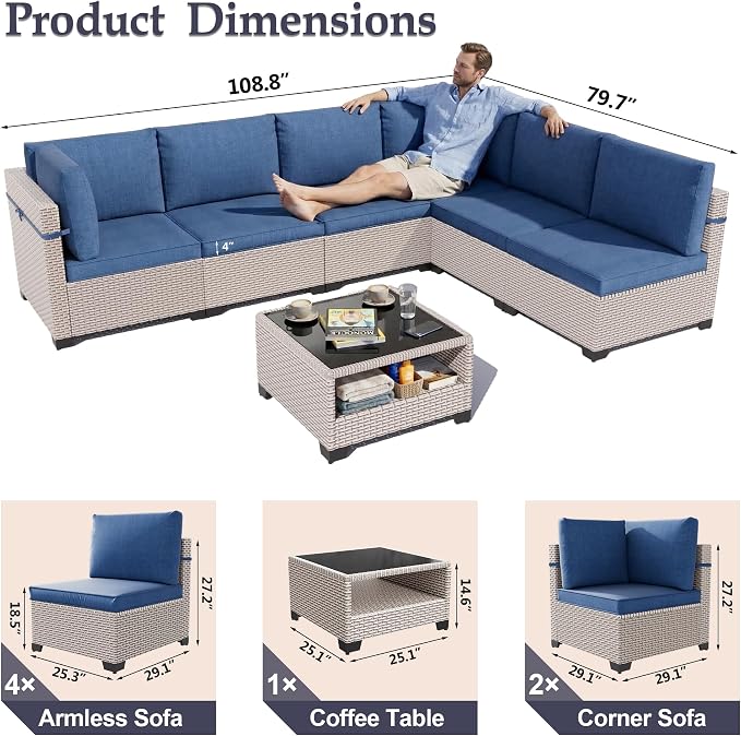Patio Furniture Set, 7-Piece Outdoor Sectional Sofa with 2-Layer Glass Coffee Table, Wicker Patio Conversation Set with Blue Cushions for Backyard, Poolside, Porch