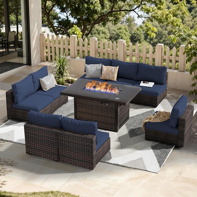 Patio Furniture Set Fire Pit Table 9 Piece All Weather PE Rattan Outdoor Sectional Sofa Couch with 8 x armless Sofa, No-Slip Cushions for Garden, Poolside, Backyard (Blue)