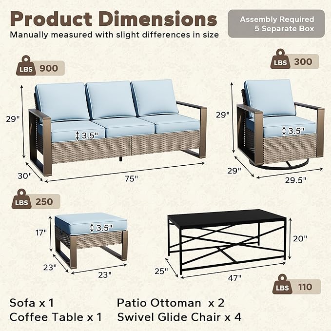 8 Pieces Metal Wicker Patio Furniture Set - 75" Sofa, Four Swivel Chairs and Two Ottomans, One Coffee Table All Weather Rattan Outdoor Conversation Furniture with Washable Cushion for Deck, Baby Blue