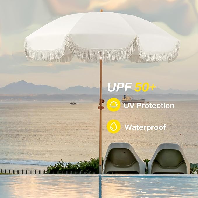 Seazul 7.5ft Patio Umbrella with Fringe, Beach Umbrella, Fringe Umbrella Outdoor Patio with Hanging Hook, Tilting Aluminum Pole, UV 50+, Fiberglass Ribs, Elegant Cream