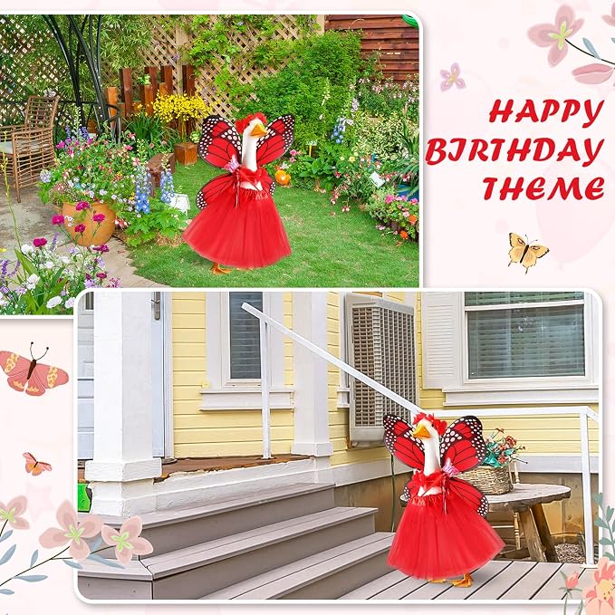 5pcs Butterfly Porch Goose Outfit Costume Tutu Skirt Butterfly Wing Wand Flower Crown for 17‘' 23‘' Cement Goose