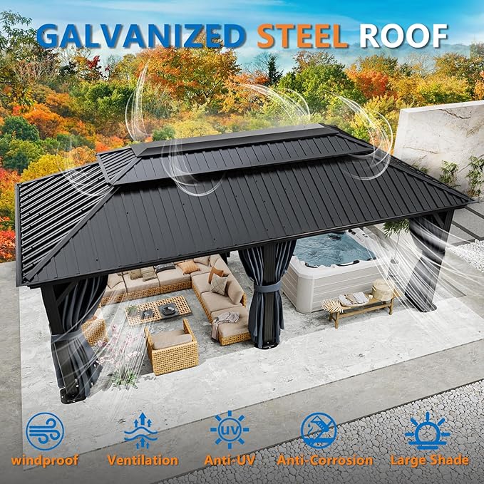 HOTEEL 12x20 Hardtop Gazebo on Clearance with Metal Roof, Heavy Duty Galvanized Steel Patio Hot tub Hard Top Gazebos with Reinforced Frame, with Privacy Curtains and Netting, for Backyard, Black