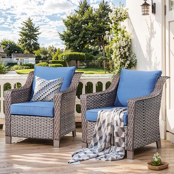 Outdoor Wicker Chair Set of 2-Outdoor Patio Chairs with Deep Seating Patio Dining Chairs for Deck Balcony Poolside Backyard-Brown/Blue