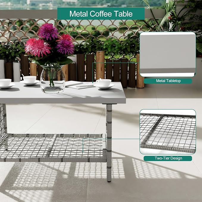 DECMICO 4 Pieces Outdoor Patio Furniture Set, Wicker Rattan Chairs & Loveseat Couch with Side Table and Cushions, All-Weather Patio Seating Set for Backyard, Deck, Porch (Light Gray)