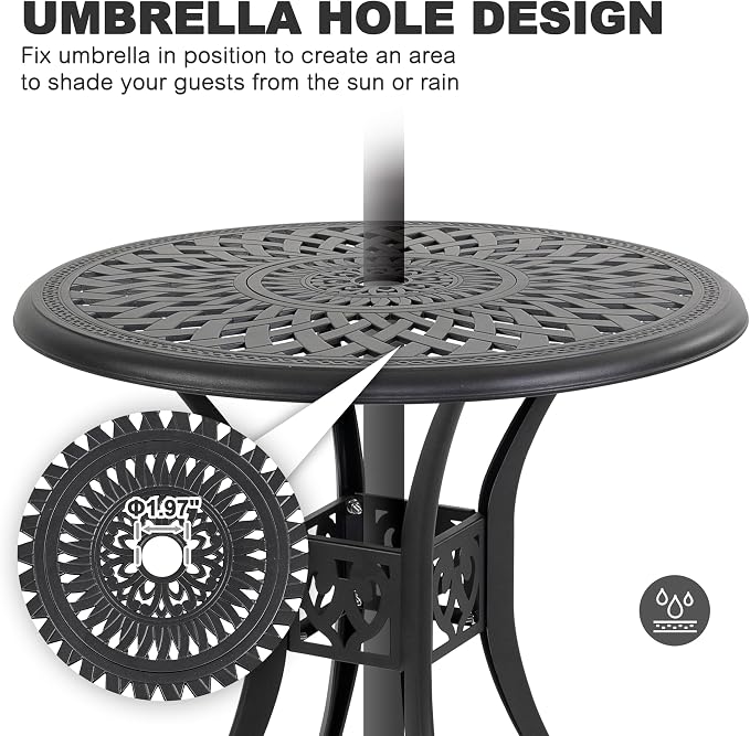 NUU GARDEN 30 Inch Patio Dining Table, Cast Aluminum Round Outdoor Table with Umbrella Hole for Patio, Backyard, Deck-Black