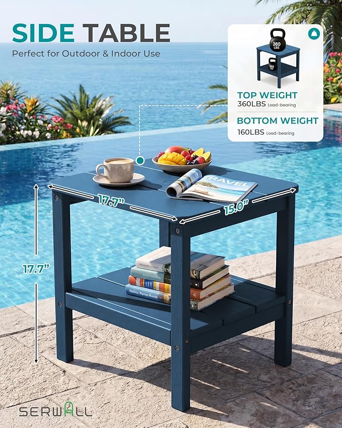 SERWALL Double Layer Adirondack Side Table with Umbrella Hole, HIPS Outdoor Side Table Rectangular End Tables for Patio, Poolside, Garden, Blue